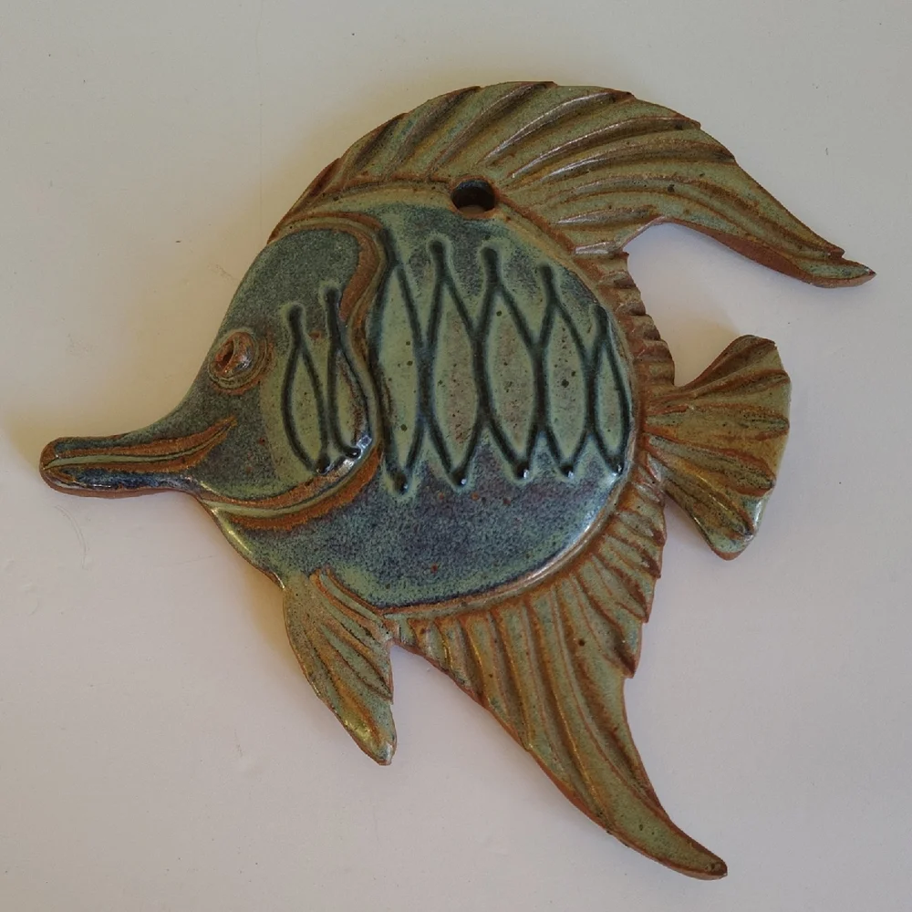 Handcrafted Green Ceramic Fish Wall Accent - Decorative Fish Plaque 8x8